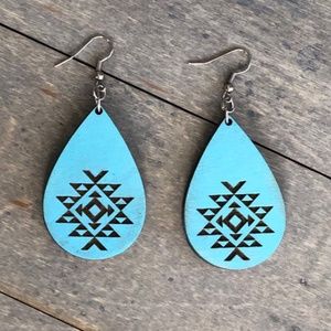 Beautiful Handmade Long Teardrop Wood Stained & Laser Cut Aztec Tribal Patterned